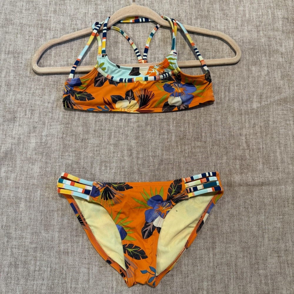 Hobie Bikini Set Girls 10 Orange Tropical Floral Strappy Two-Piece Swimsuit